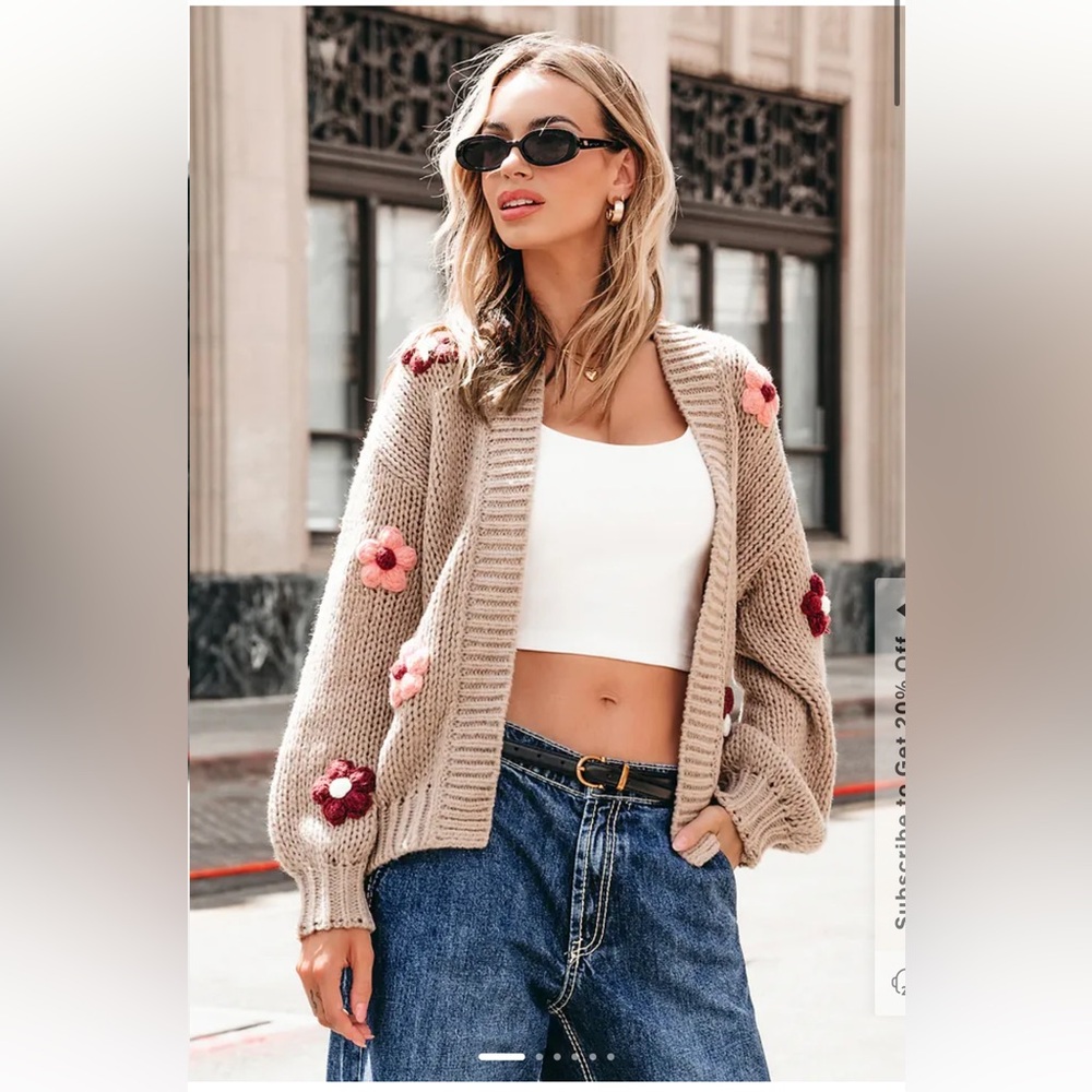 NEW - Cupshe Camel Open Front 3-D Floral Cardigan